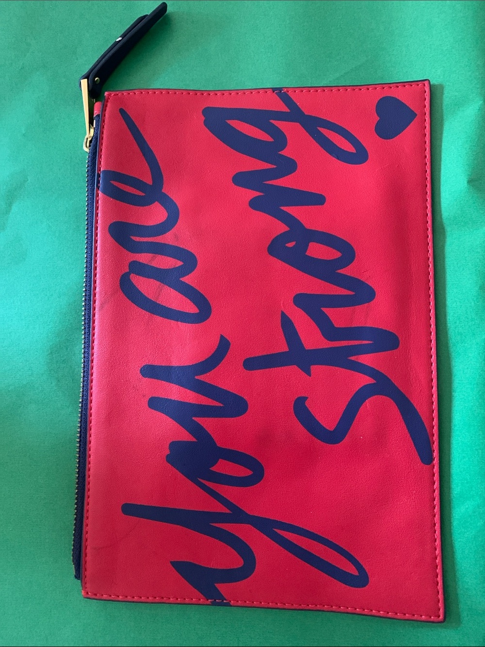 Drew Barrymore Zip Red Pouch with Navy Script—You Are Strong